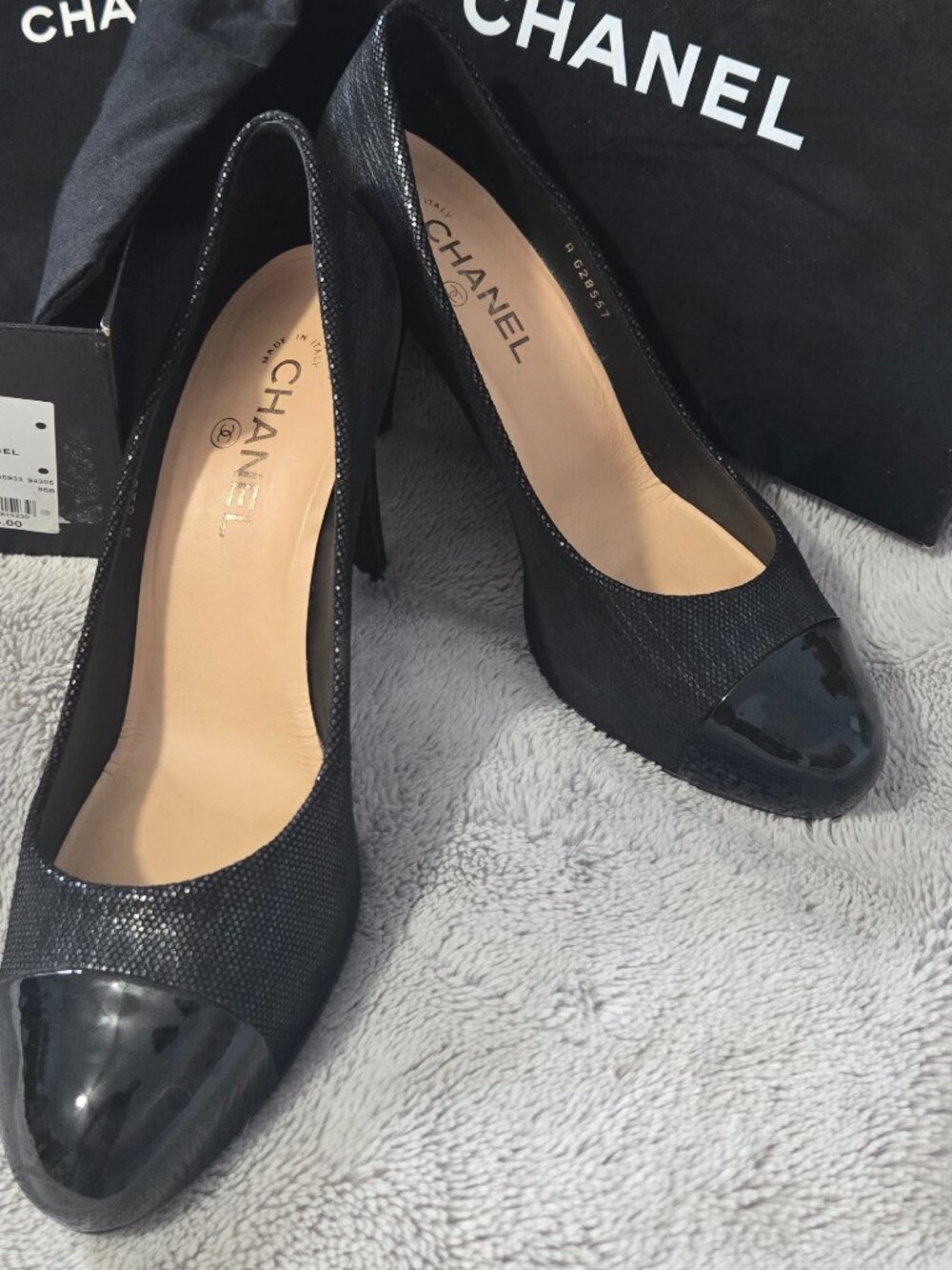 CHANEL Black Pumps Size 41-Patent Cap Toe-12A-Original Box-Size EU 41/US 11 $325